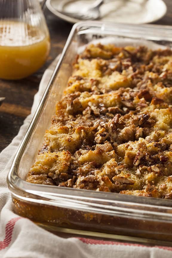 Sweet Homemade Bread Pudding Dessert with Brandy Sauce