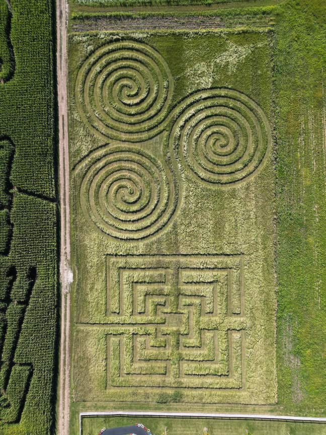 Aerial shot of the tranquility labyrinth for Fall Festivies at Keller's Farmstand in Oswego, IL