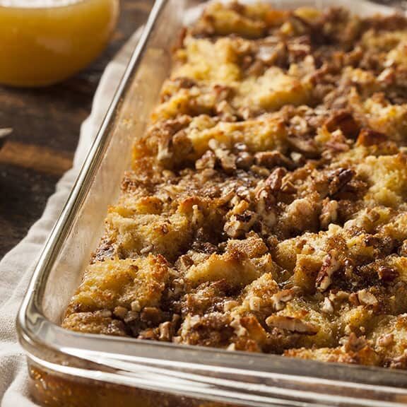 Sweet Homemade Bread Pudding Dessert with Brandy Sauce